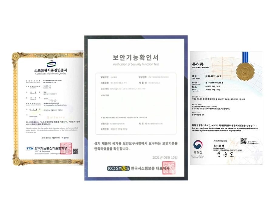 소프트웨어품질인증서(GS 1등급), 보안기능확인서, 특허증